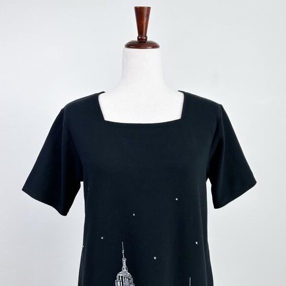 Vintage 90s NYC Skyline Empire State Black Shift Dress - Picture 5 of 8